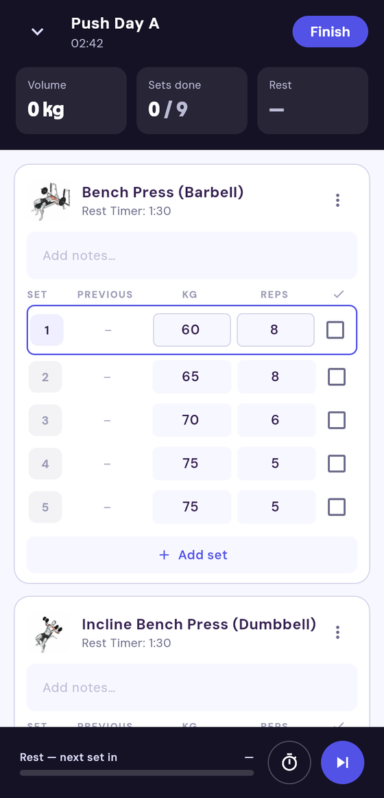 Live session — set grid with set 1 active