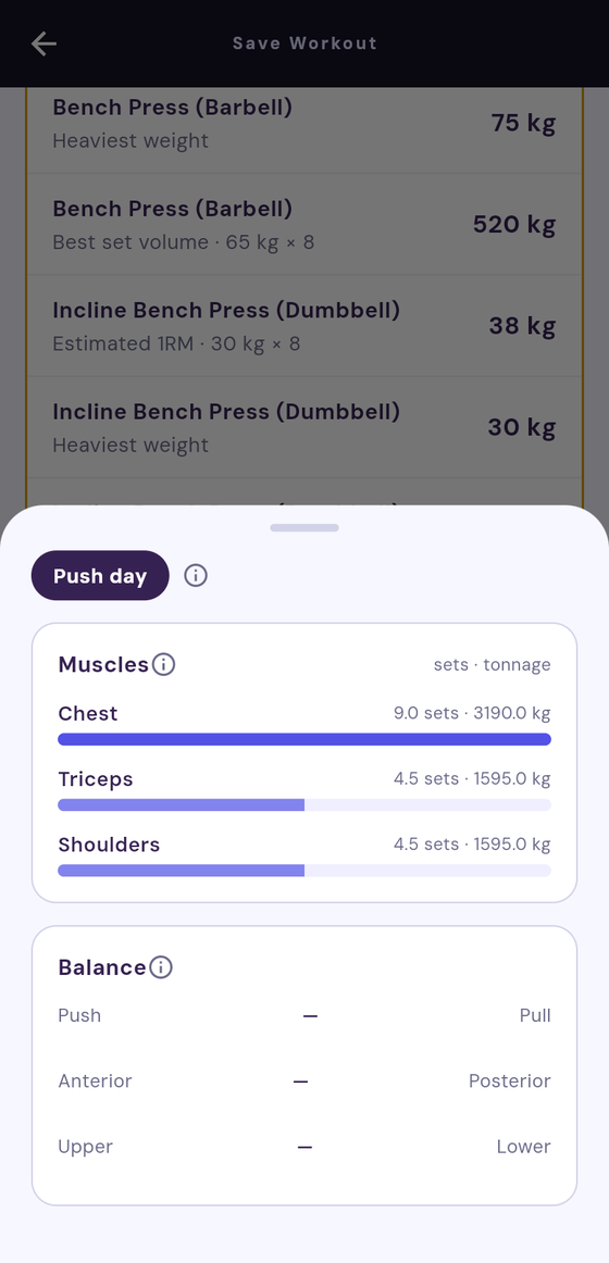 Session summary — time, volume, sets, muscle split